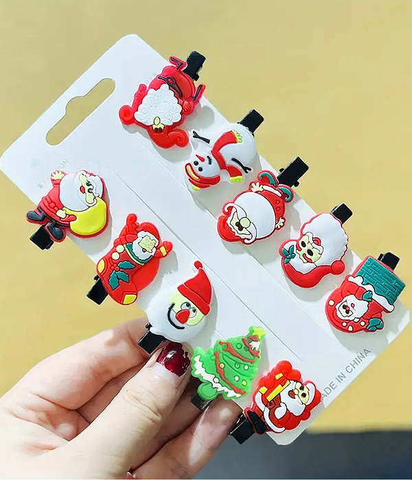 Christmas theme 10 piece hair clip set - santa