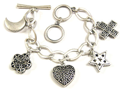 Antique look multi charm and chain toggle bracelet