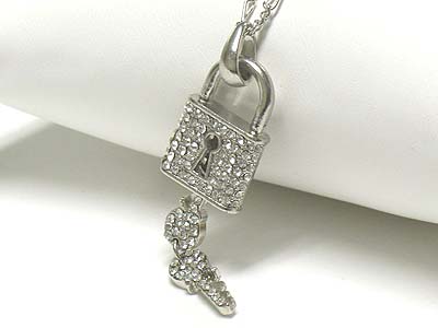 Crystal padlock and key dangle pendant necklace