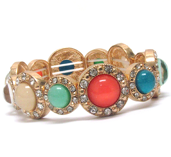 Crystal and acrylic stone deco multi metal disk link stretch bracelet