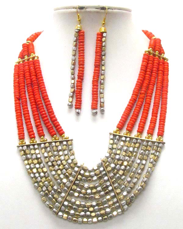 Multi chain metal bead deco necklace earring set