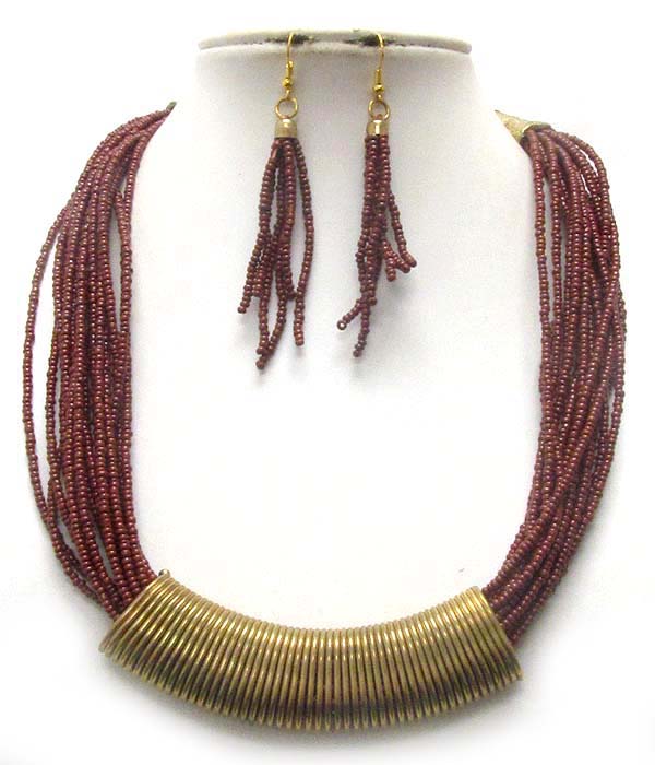 Multi chain bead through metal spring tube deco necklace earring set