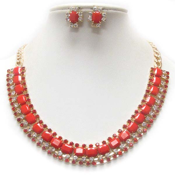 ACRYLIC STONE AND CRYSTAL  DECO NECKLACE EARRING SET