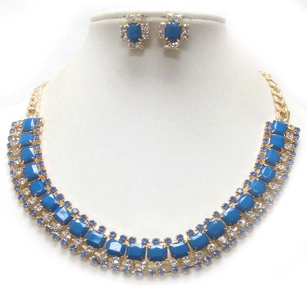 ACRYLIC STONE AND CRYSTAL  DECO NECKLACE EARRING SET