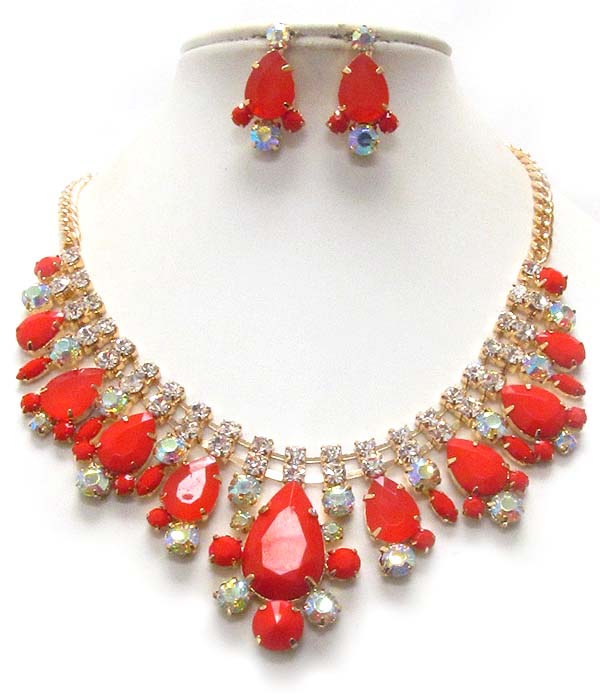 Multi crystal and acrylic stone mix party necklace earring set
