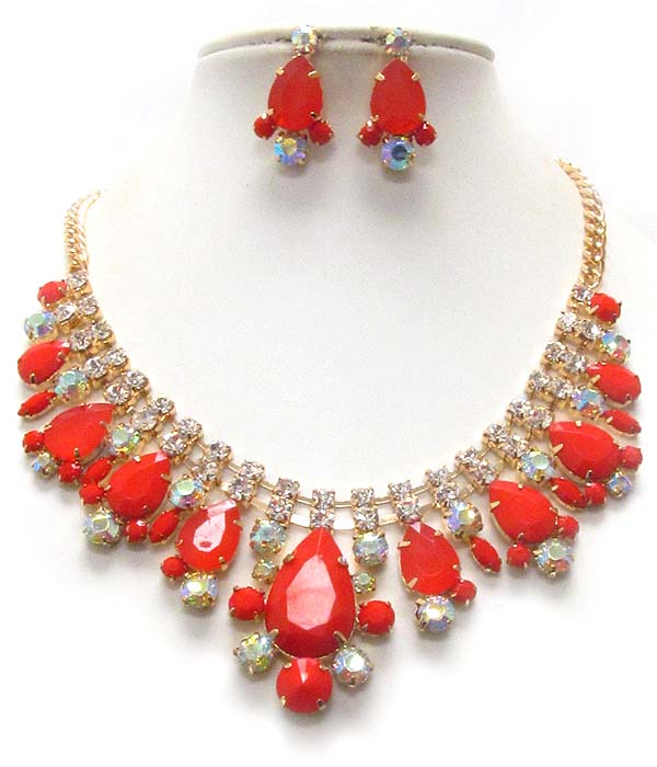 MULTI CRYSTAL AND ACRYLIC STONE MIX PARTY NECKLACE EARRING SET