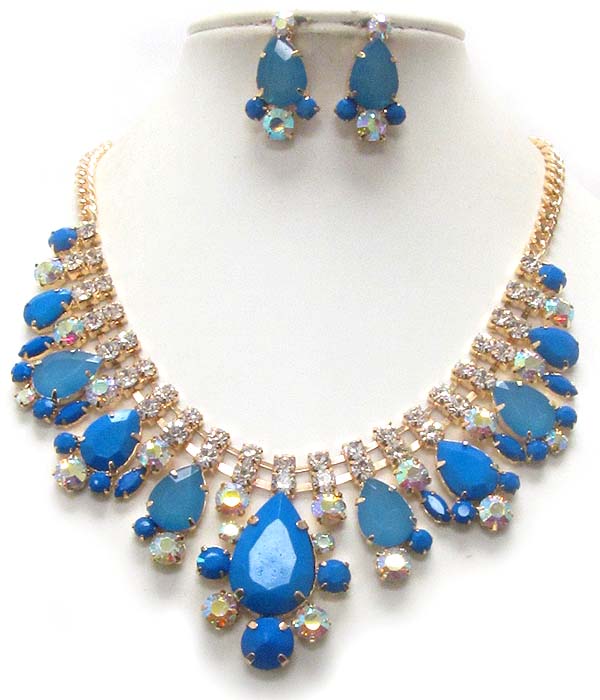 MULTI CRYSTAL AND ACRYLIC STONE MIX PARTY NECKLACE EARRING SET