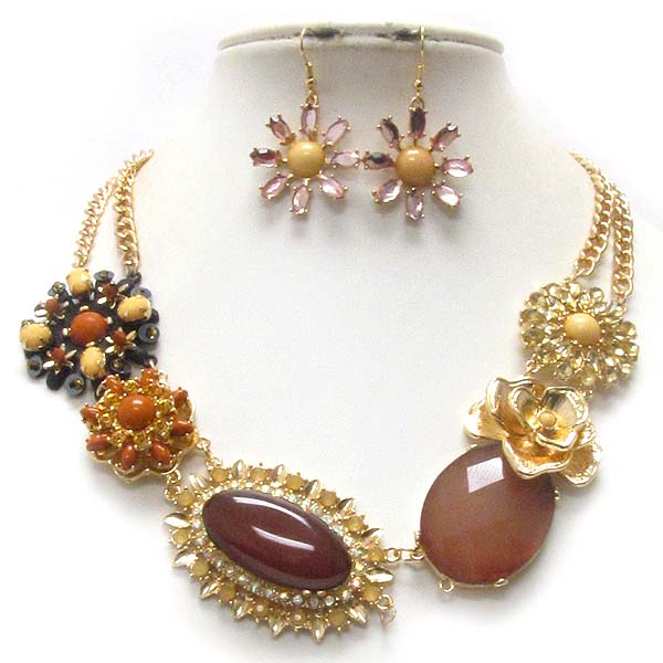 Multi stone deco flower link and double chain necklace earring set