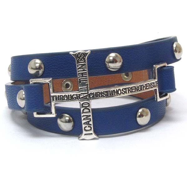 Phrase on metal cross and metal stud leatherette band wrap bracelet