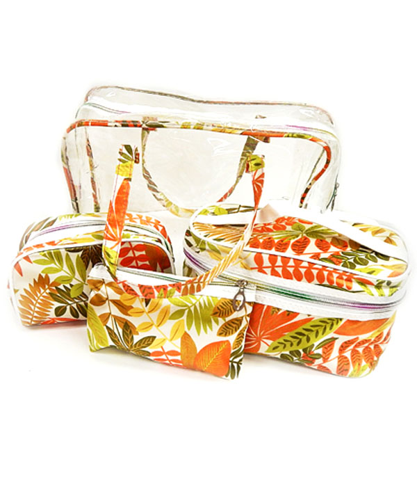 Leaf print 3 cosmetic pouches and transparent bag set of 4