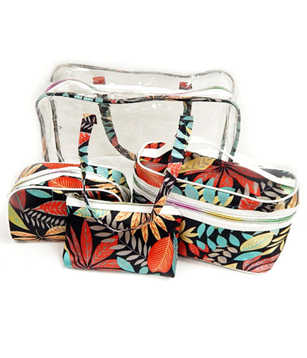 Leaf print 3 cosmetic pouches and transparent bag set of 4