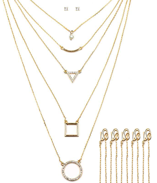Multi crysatl geometric shape pendant 5 necklace set