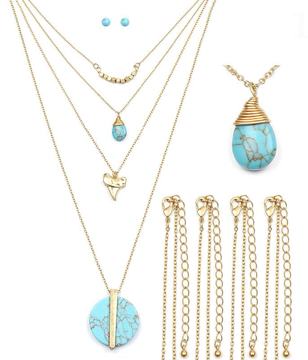 Turquoise and tooth pendant 4 necklace set