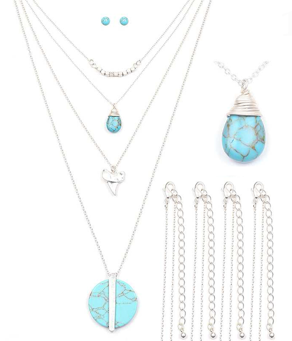 Turquoise and tooth pendant 4 necklace set