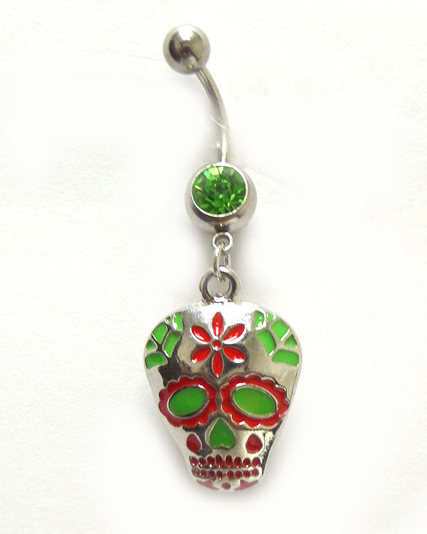 Surgical steel sugar skull with flower belly ring  navel ring
