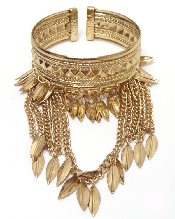 Rustic metal textured leaf drop cuff bracelet