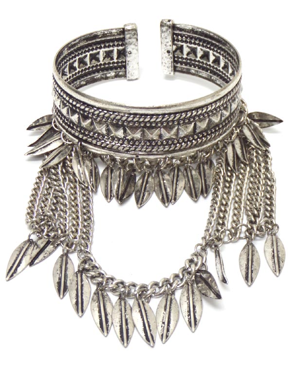 Rustic metal textured leaf drop cuff bracelet 