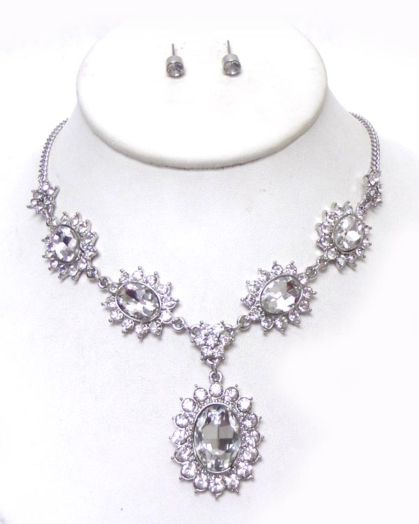 Linked crystal flowers with single crystal drop necklace set 
