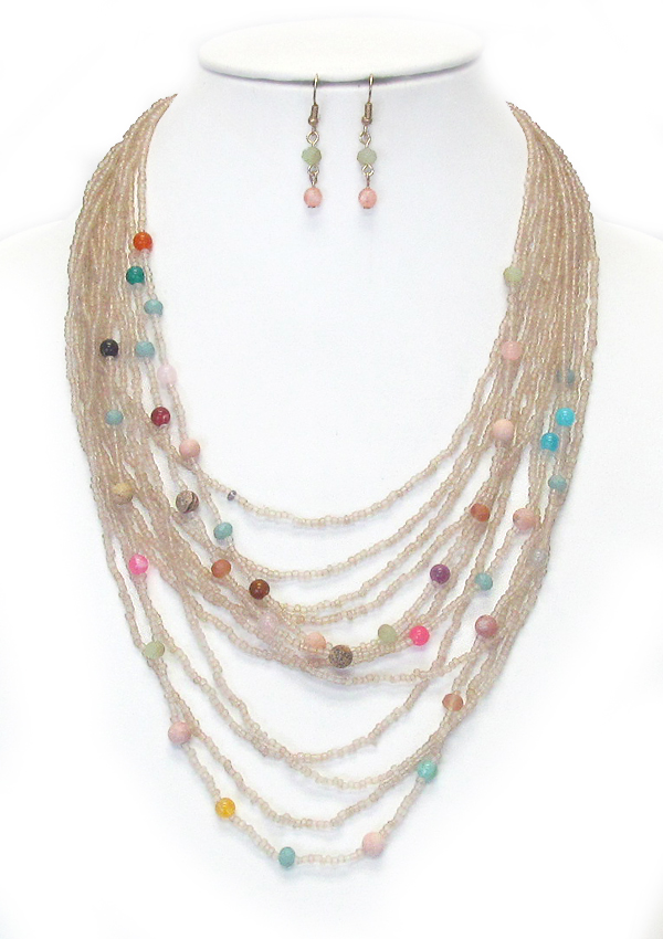 Multi layer seed bead and ball stone mix necklace set