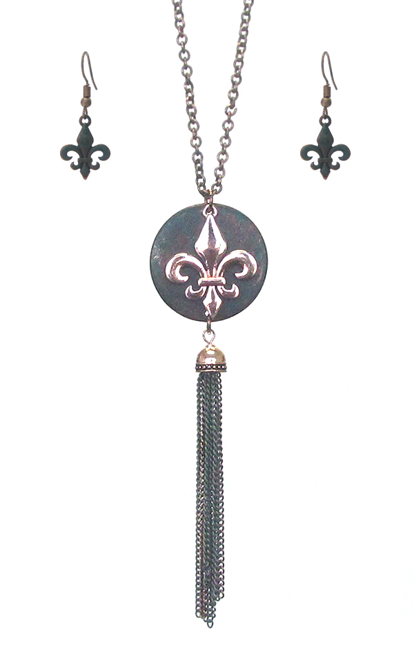 FLEUR DE LIS AND FINE CHAIN TASSEL DROP LONG NECKLACE SET