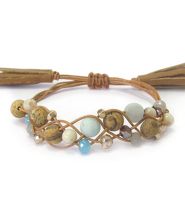 Semi precious stone mix and leather tassel pull tie bracelet