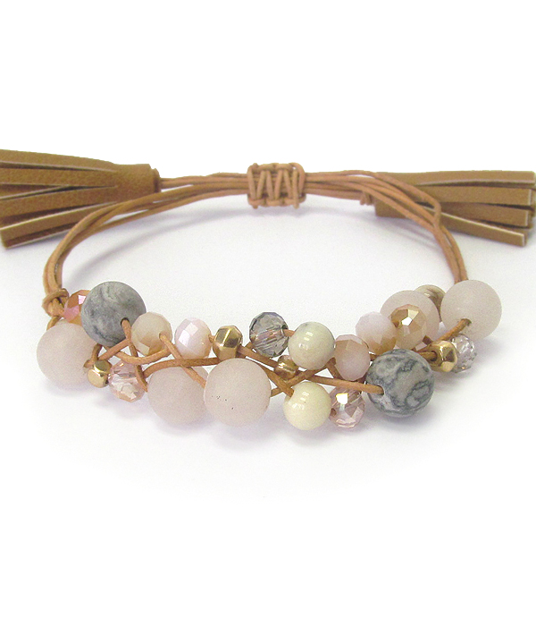 Semi precious stone mix and leather tassel pull tie bracelet