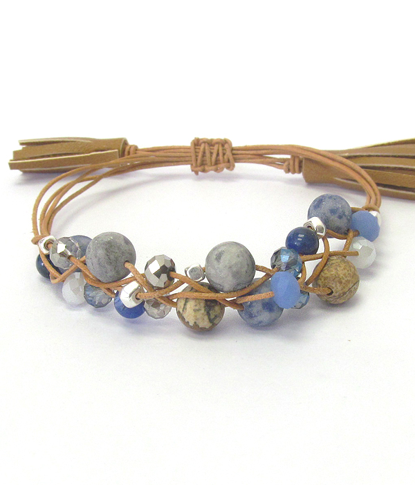 Semi precious stone mix and leather tassel pull tie bracelet