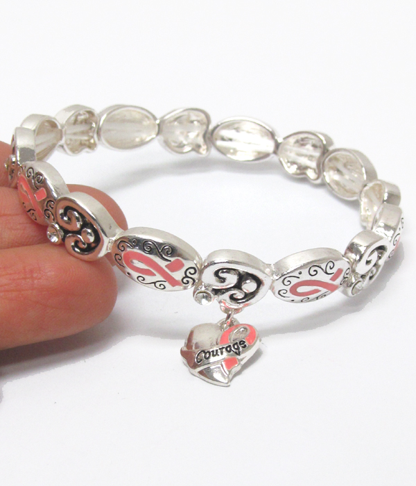 Pink ribbon heart charm stretch bracelet
