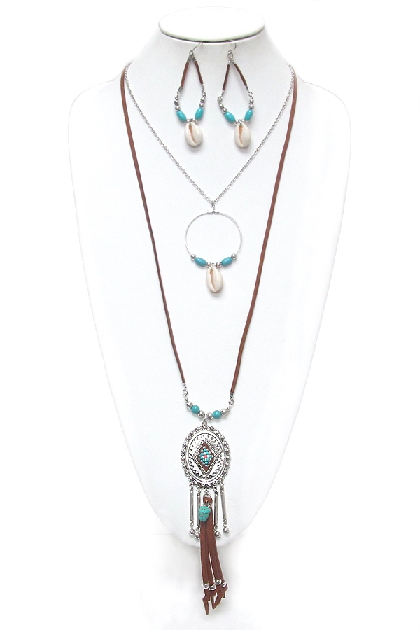2 layer suede and chain shell necklace set 