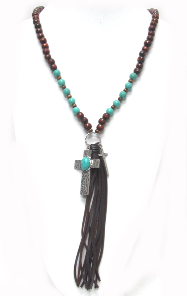 Wood type beads with tassel cross drop necklace