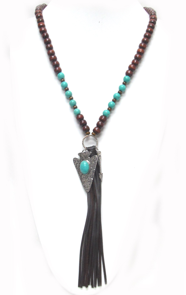 Wood type beads with tassel cross drop necklace 