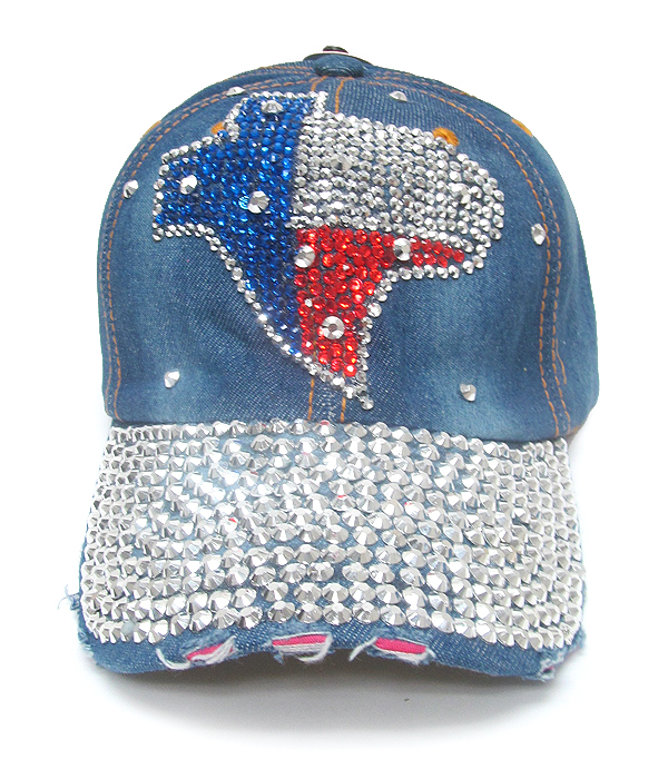 Rhinestone worn denim baseball cap - texas