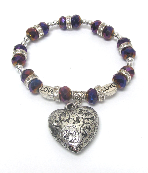 Facet bead and puffy heart charm stretch bracelet