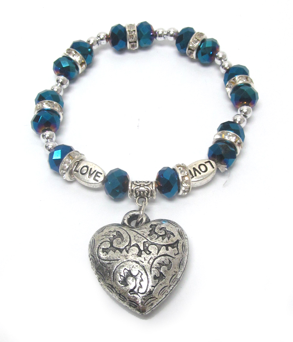 Facet bead and puffy heart charm stretch bracelet