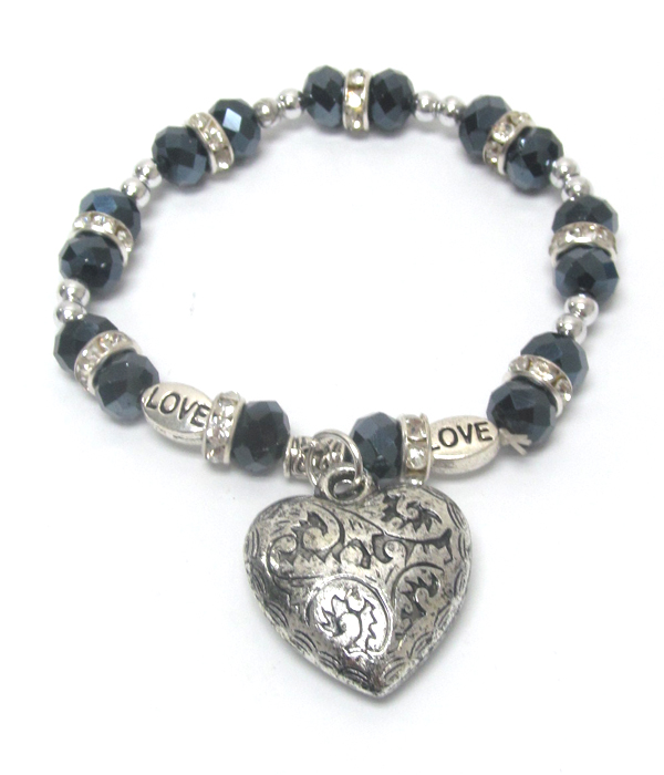 Facet bead and puffy heart charm stretch bracelet