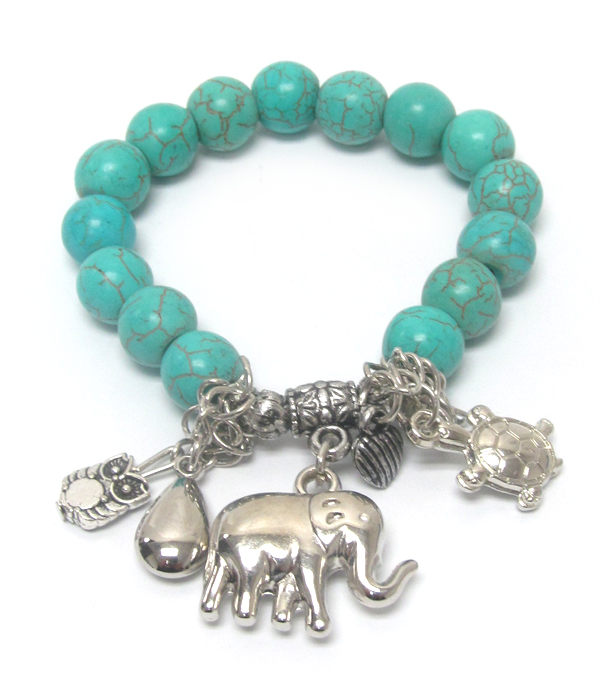 Elephant charm turquoise stone stretch bracelet