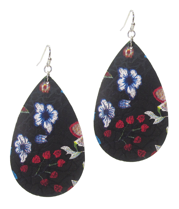 Flower pattern teardrop leather earring