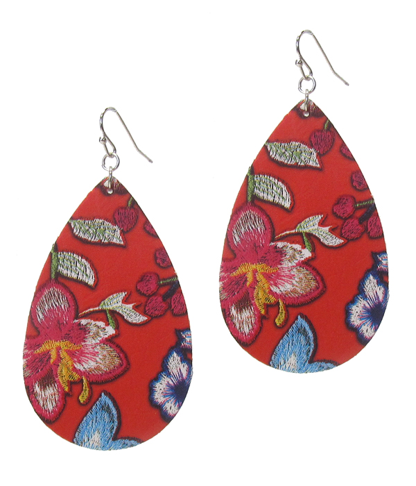 FLOWER PATTERN TEARDROP LEATHER EARRING