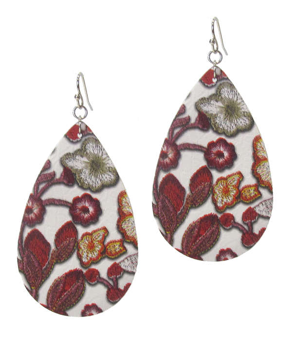 Flower pattern teardrop leather earring