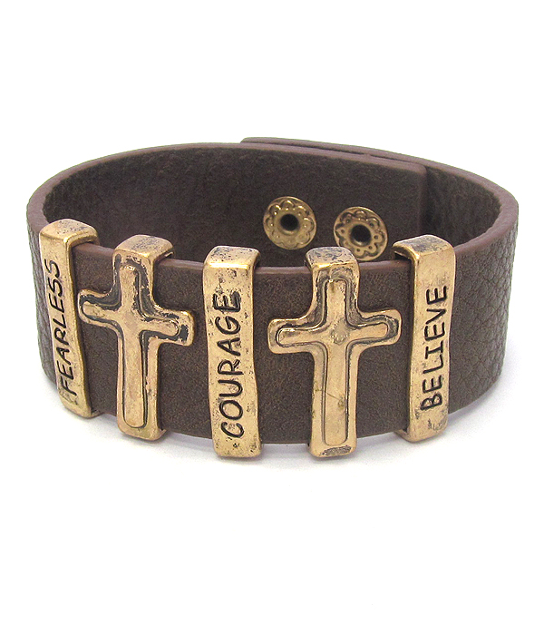 Religious inspiration cross leather snap on bracelet - fearless courage believe