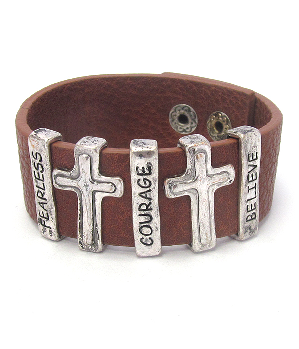 RELIGIOUS INSPIRATION CROSS LEATHER SNAP ON BRACELET - FEARLESS COURAGE BELIEVE