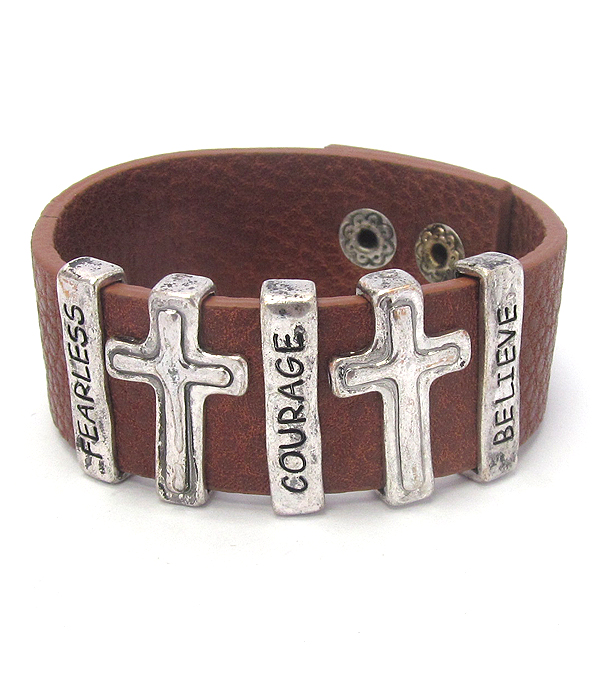 Religious inspiration cross leather snap on bracelet - fearless courage believe