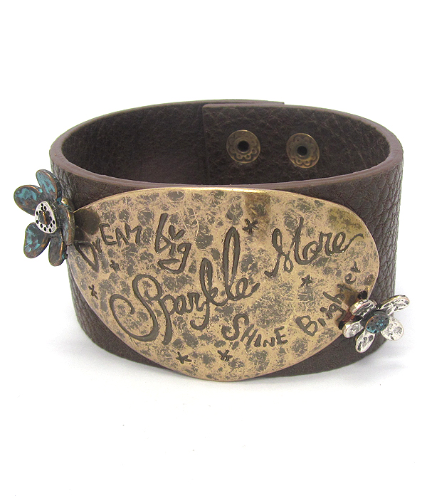 Inspiration leather band snap on bracelet - dream big sparkle more shine brighter