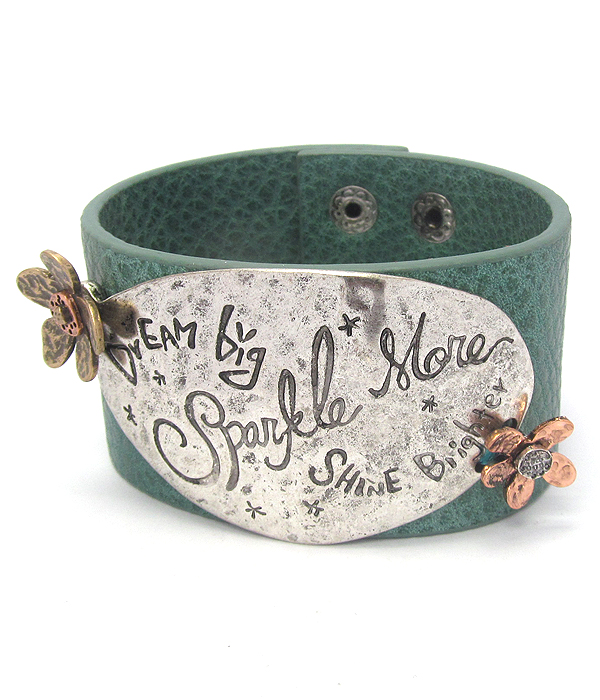 Inspiration leather band snap on bracelet - dream big sparkle more shine brighter