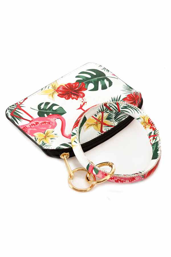 KEYRING BANGLE BRACELET WITH SMALL WALLET OR COIN PURSE - TROPICAL THEME - FLAMINGO