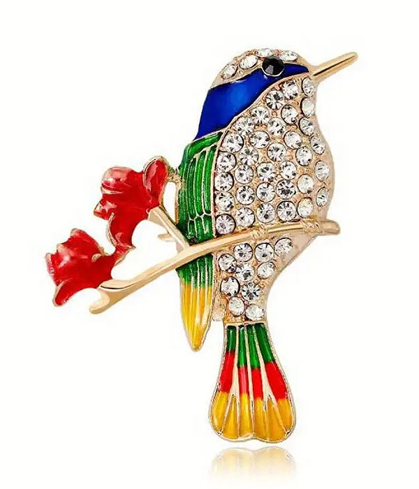 Colorful crystal bird with flower brooch pin