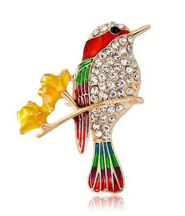 Colorful crystal bird with flower brooch pin