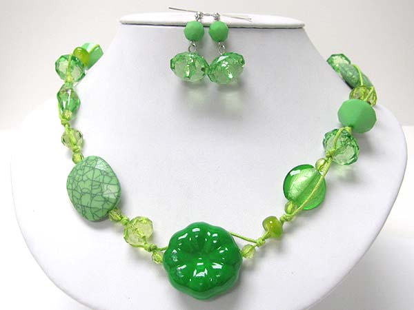 Mixed glass beads and disk link long necklace earring set