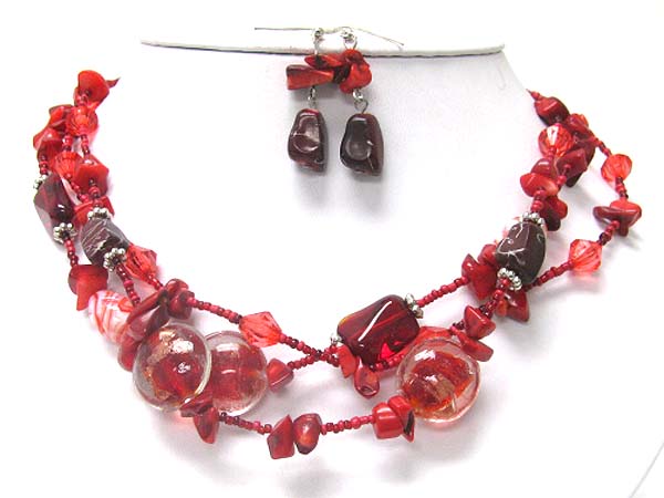 Multi strand murano glass and mixed beads and stone necklace earring set