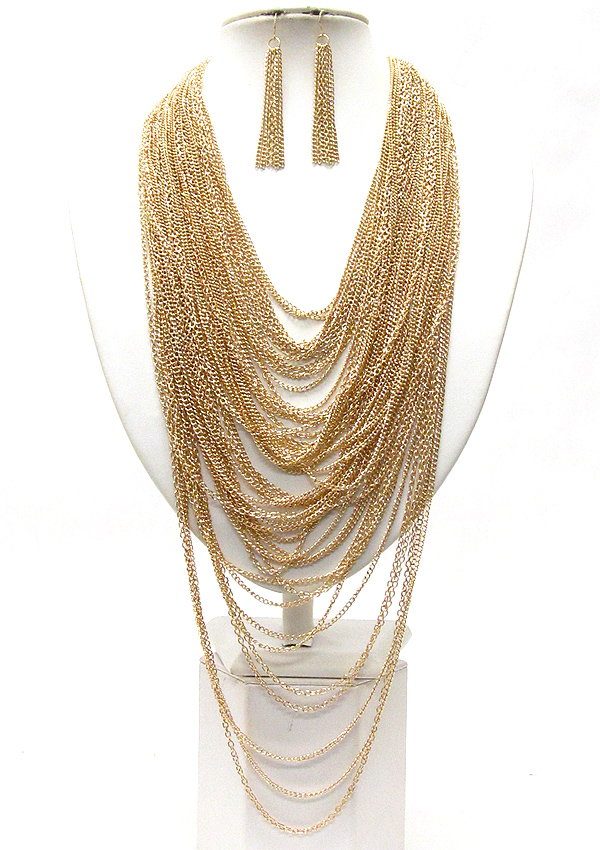 Multi strand thine metal chain long necklace earring set